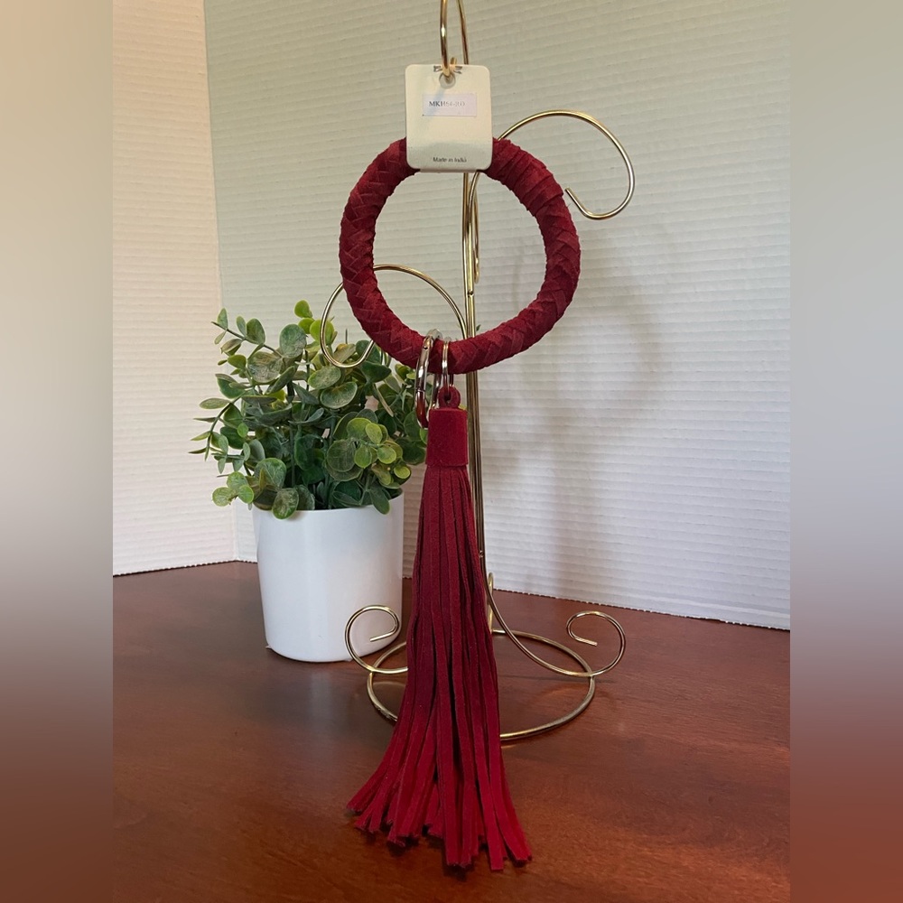 Keychain. Deep Red Leather Key Ring Bracelet With Tassel. NWT